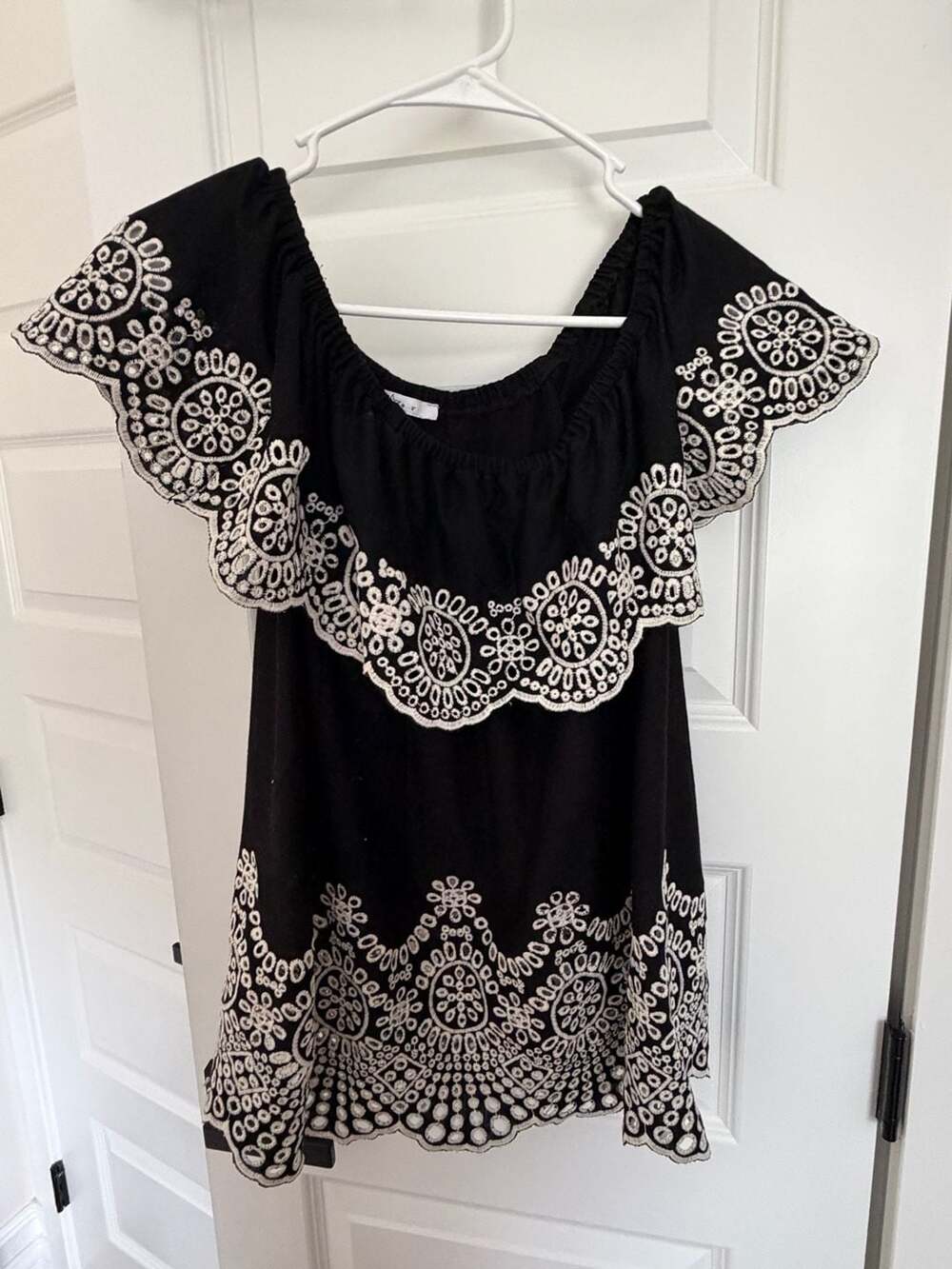 Fever Black Off-Shoulder Top with White Embroidered Cape Sleeve